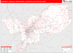 Sacramento-Roseville-Arden-Arcade Metro Area Digital Map Red Line Style